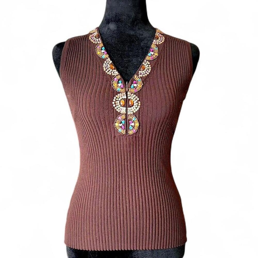 Y2K Fitted Brown Knit Top – Glam Beaded Ribbed Tank M